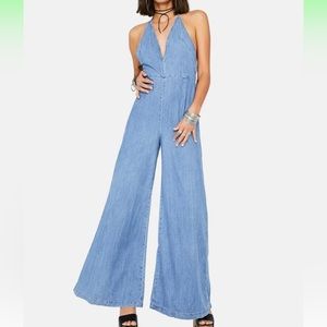 Free People Josie Halter Denim Wide Leg Jumpsuit in Size XS, never worn